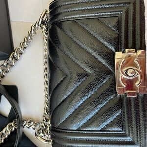 CHANEL Black Chevron Caviar Leather Small Boy Bag